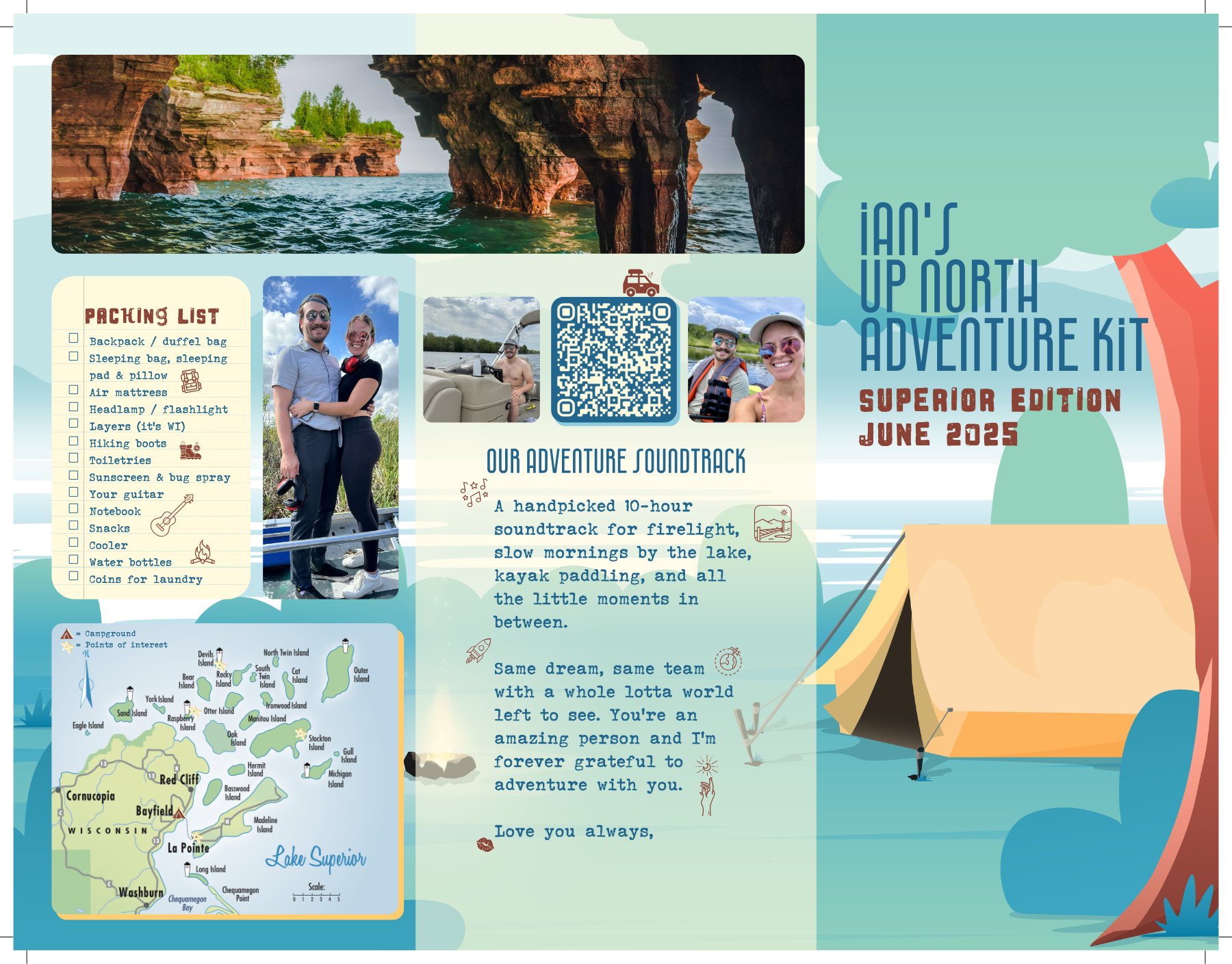 Apostle Islands brochure, front — hand-drawn map, packing list, soundtrack QR