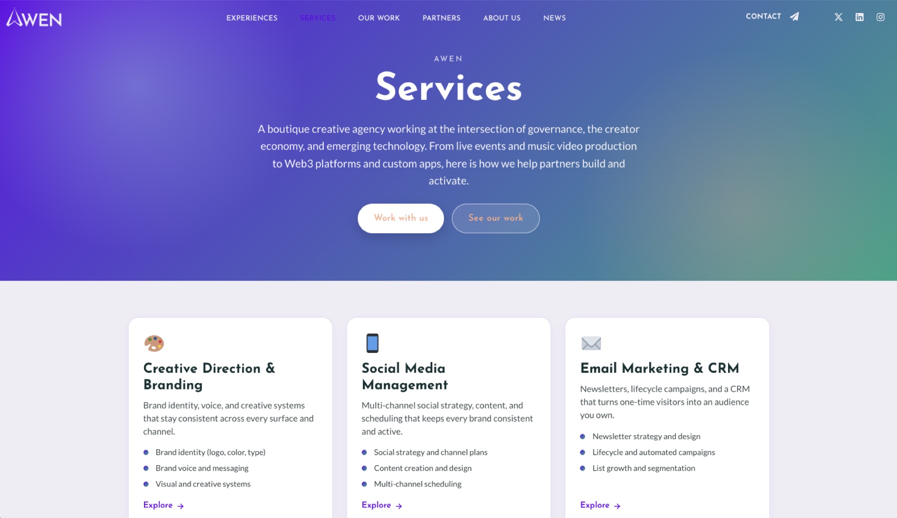 awen.online — Services: creative direction, social, email & CRM