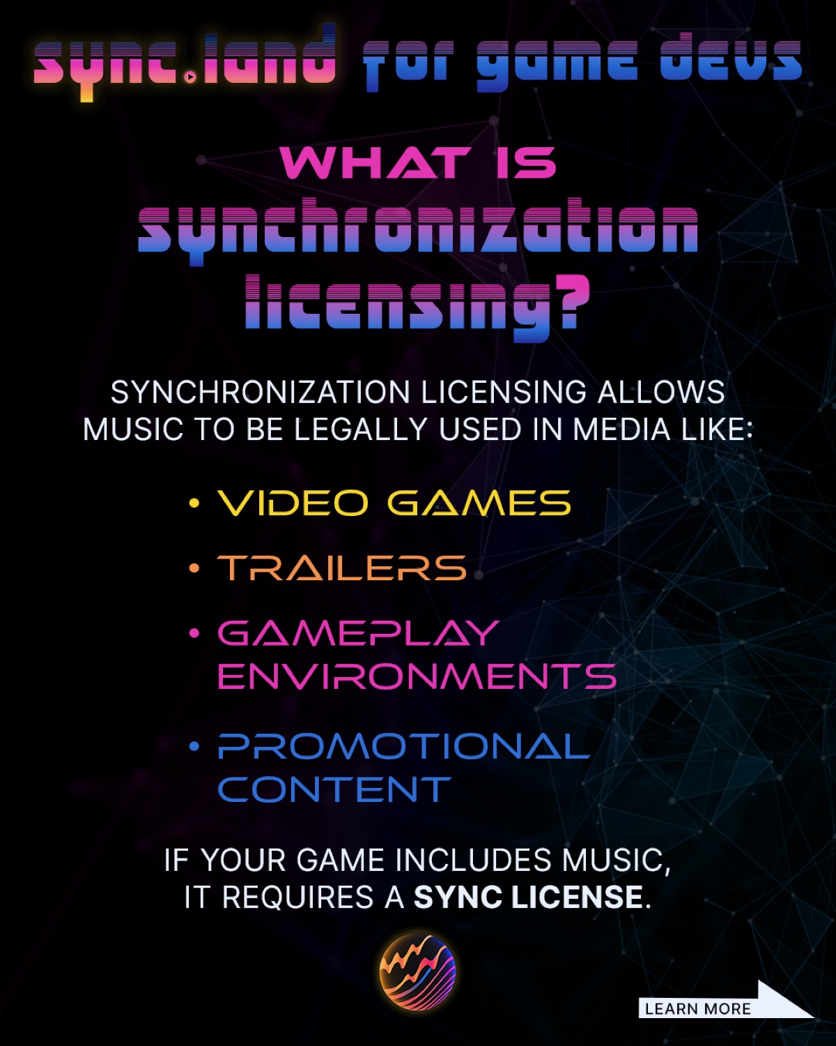 Sync.Land game-dev education carousel slide
