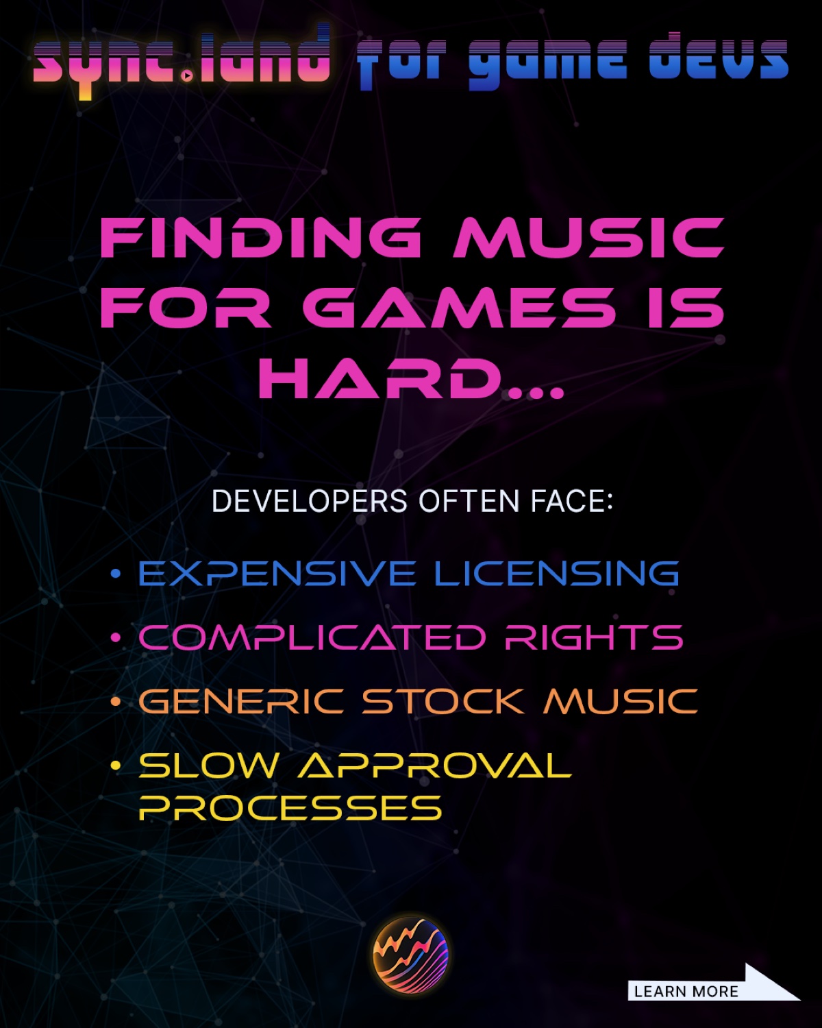 Sync.Land game-dev education carousel slide