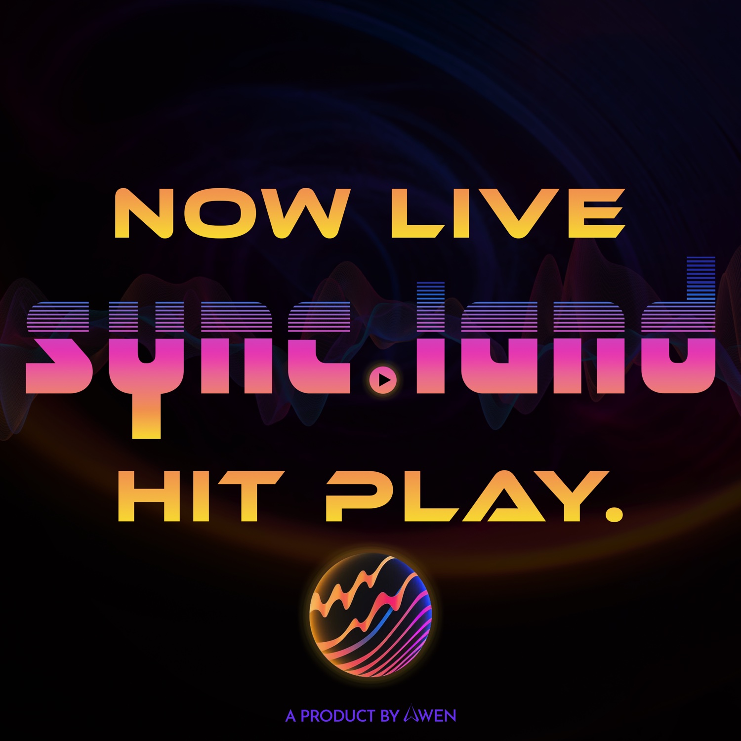 Sync.Land — ‘Now Live. Hit Play.’ launch announcement in a retro-synth style