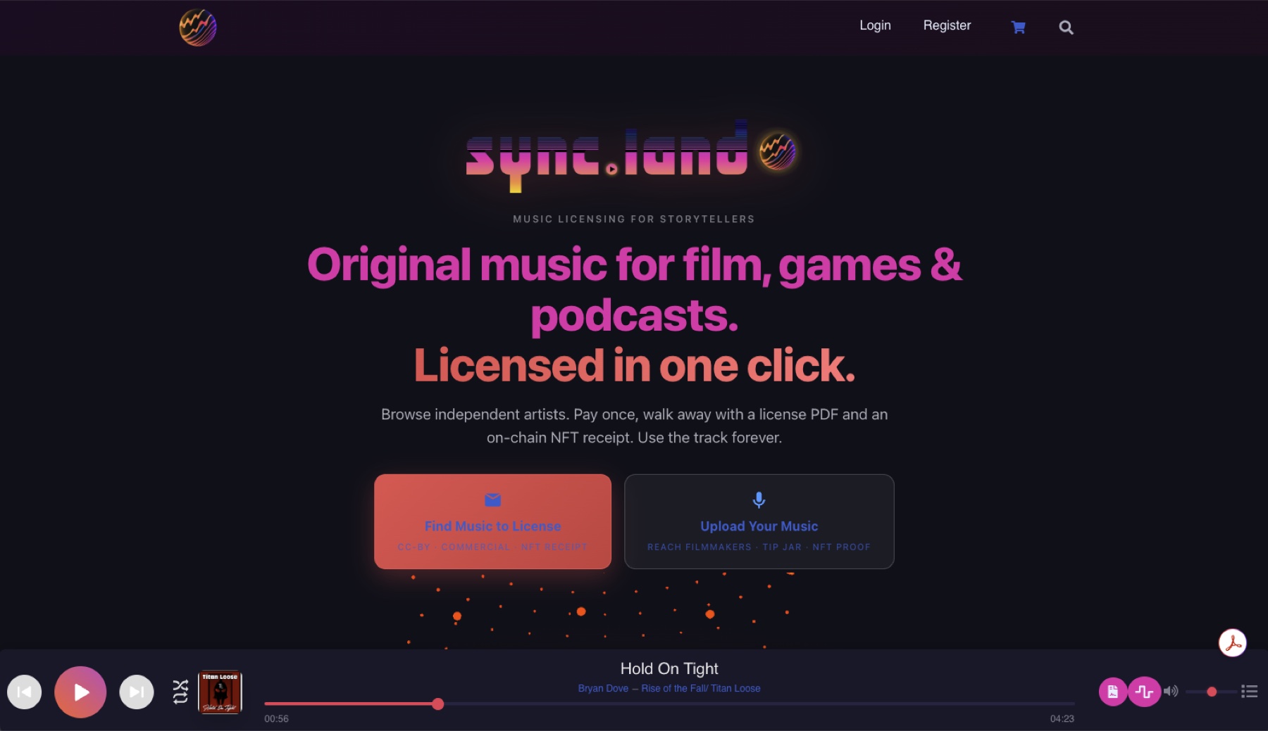 sync.land landing — wordmark and ‘licensed in one click’