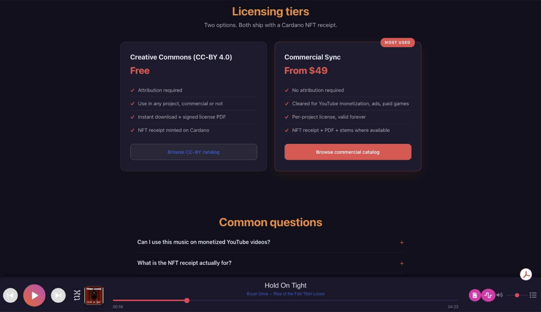 sync.land — licensing tiers (Free and Commercial)