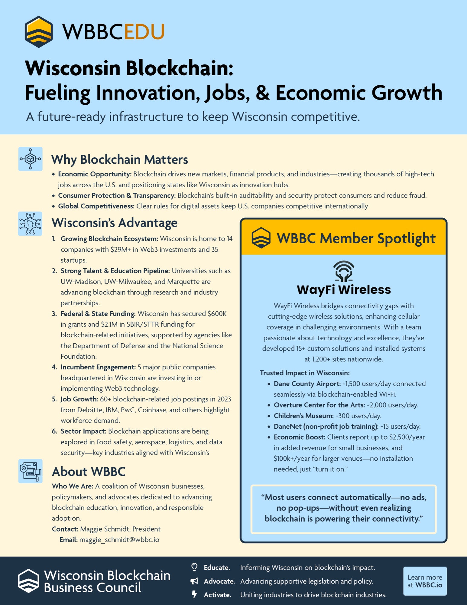 WBBC educational one-pager — fueling innovation, jobs, and economic growth