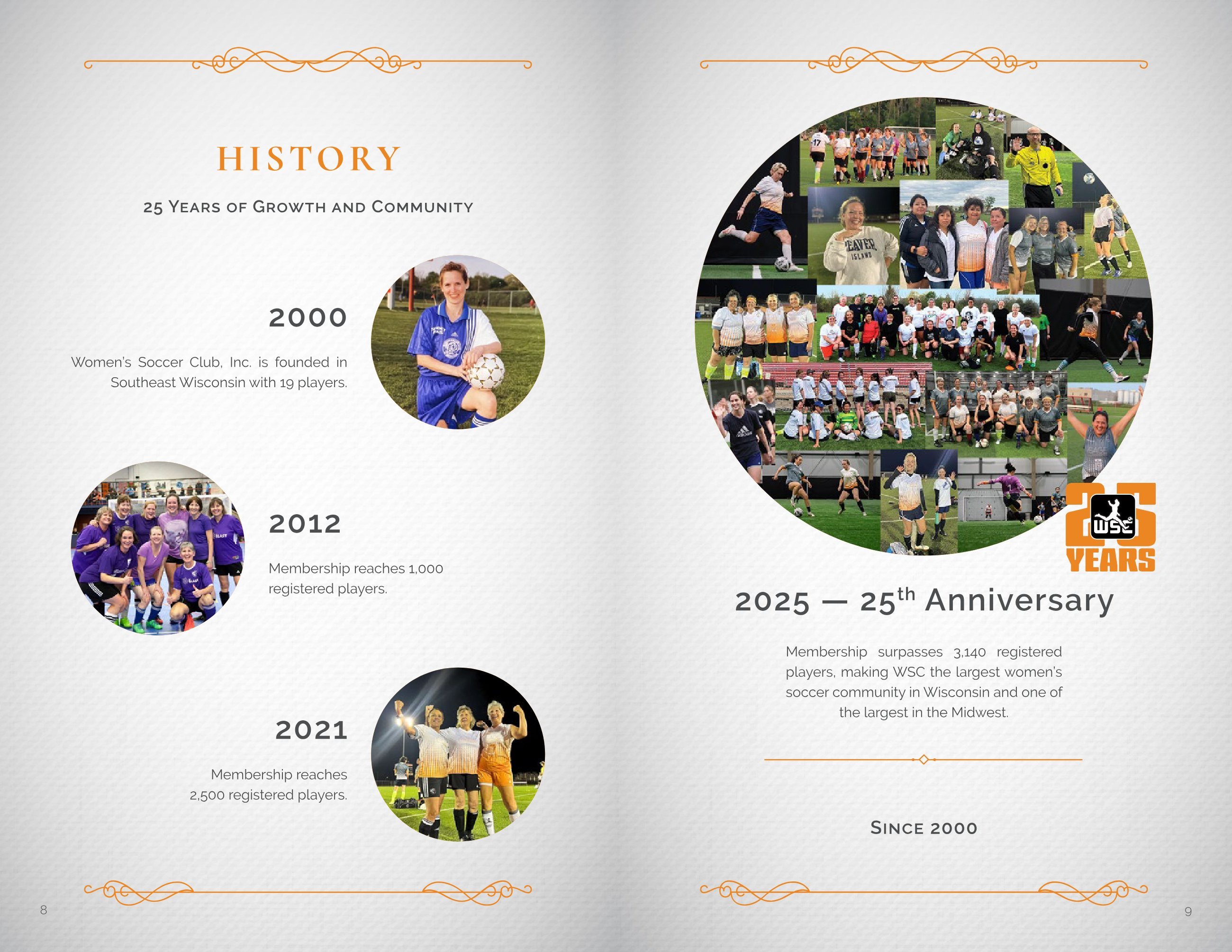 Gala program spread — a 25-year history timeline and anniversary photo collage